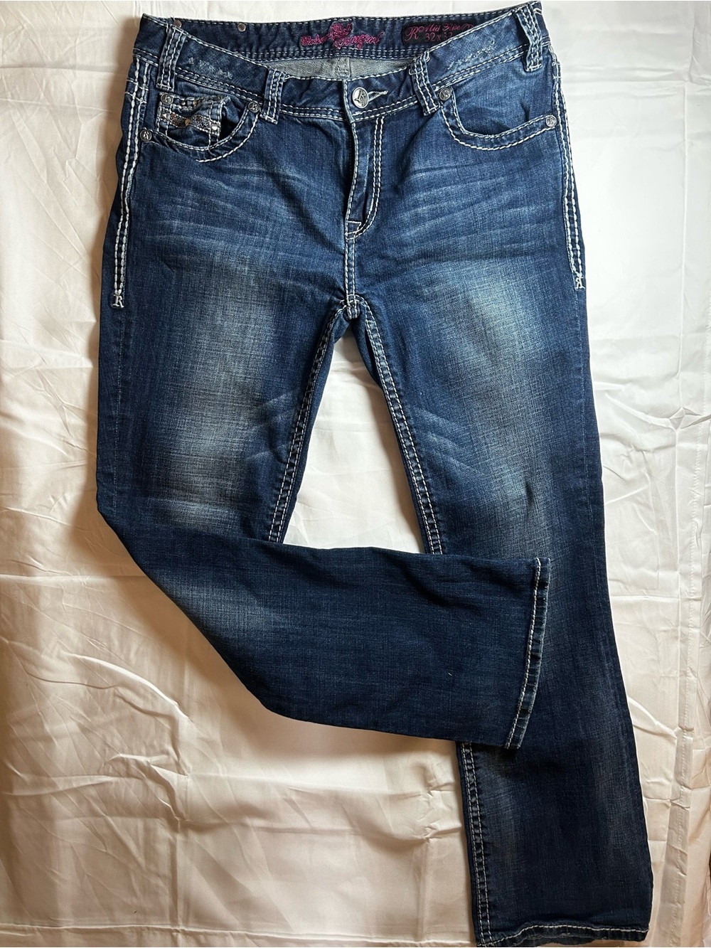 Rock & Roll Cowgirl Dark Blue Straight Leg Jeans Mid Rise 32x32